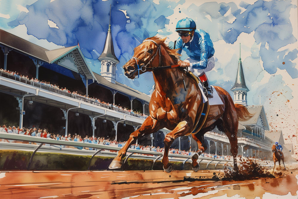 Painting of a jockey in turquoise gear atop a chestnut thoroughbred leading a horse race in front of a packed crowd